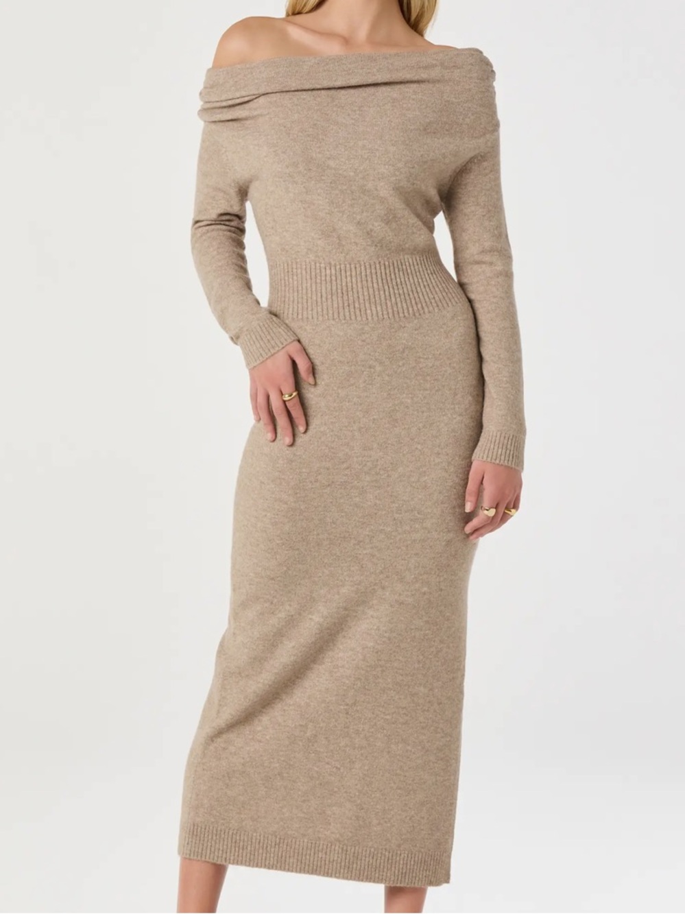 Astr One-Shoulder Ribbed Waist Knit Maxi Dress — Beige